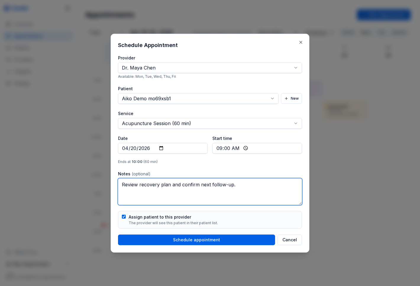 New appointment dialog with patient, provider, service, and time fields