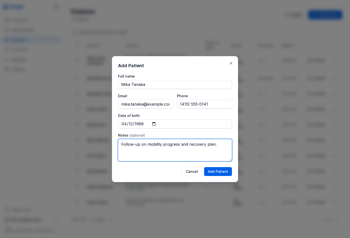 Modal para agregar paciente con nombre, correo, teléfono y notas