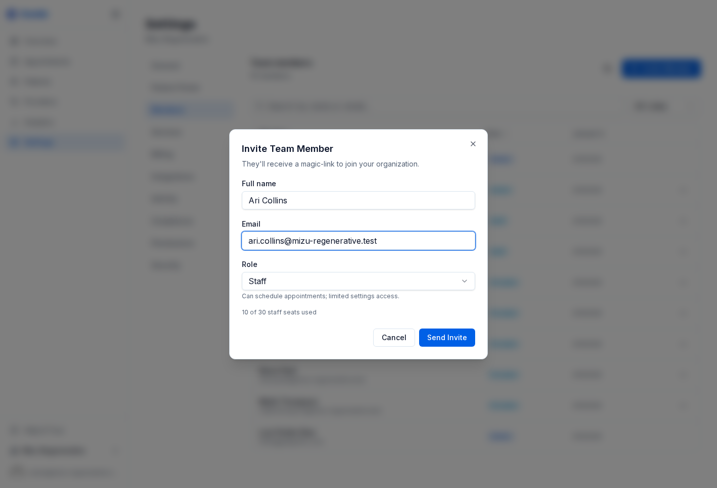 Invite team member dialog with full name, email, and role fields