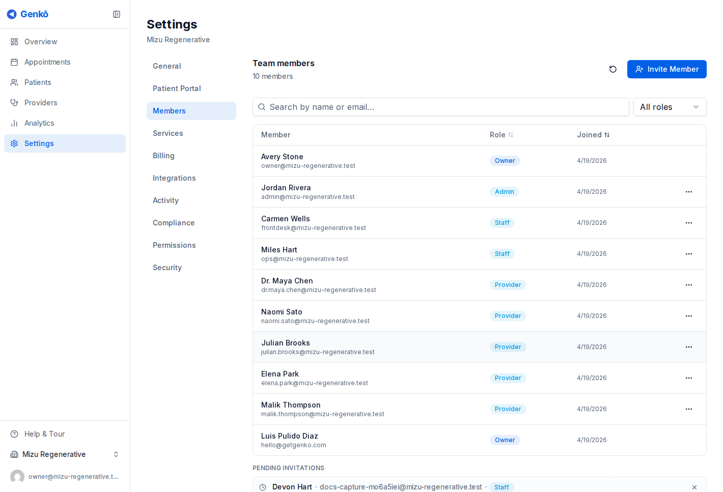 Members page showing team list and pending invitations