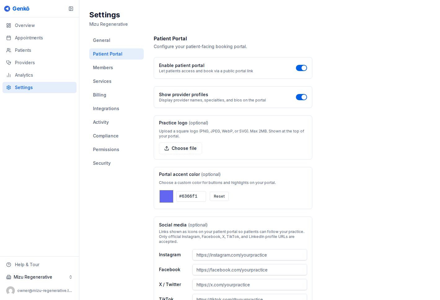 Patient portal settings page with enable toggle and public booking URL