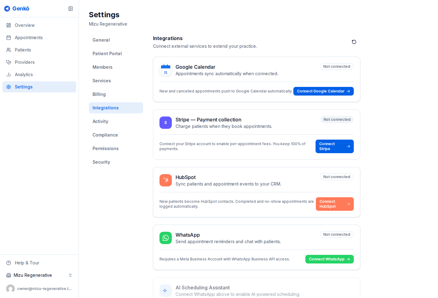 Integrations page showing the Google Calendar connection card